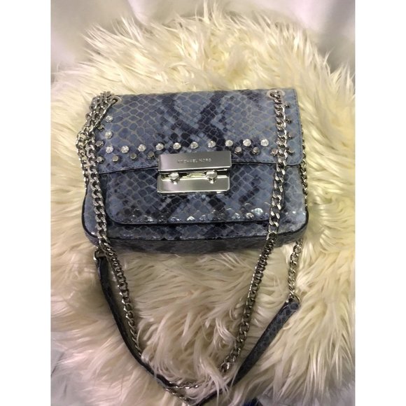 Michael Kors Aquamarine Python Embossed Leather Sloan Studded Shoulder Bag - Picture 3 of 11